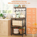 Kitchen Bakers Rack with Power Outlet, Small Coffee Bar Cart 4 Tiers, Microwave Stand Station with 8 S Hooks, Adjustable Shelf, Freestanding Kitchen