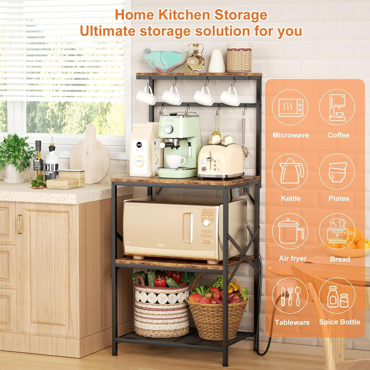 Kitchen Bakers Rack with Power Outlet, Small Coffee Bar Cart 4 Tiers, Microwave Stand Station with 8 S Hooks, Adjustable Shelf, Freestanding Kitchen