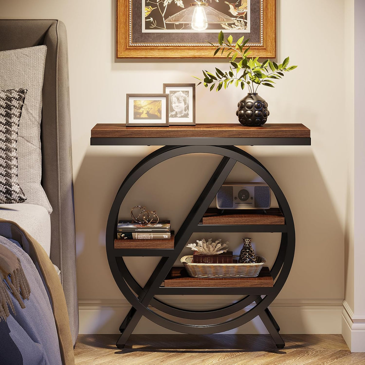 Tribesigns End Table for Living Room, 3-Tier Narrow Side Table with Storage, Wood Sofa Side Table with Geometric Metal Frame, Industrial Nightstand