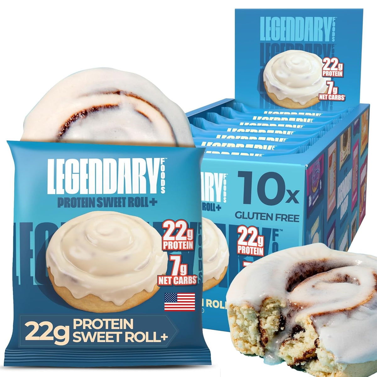 Legendary Foods Cinnamon Roll 22g Protein Bars – Gluten-Free, Low Carb Meal Option – Sweet Zero Sugar Snack, Keto-Friendly – 10-Pack High Protein