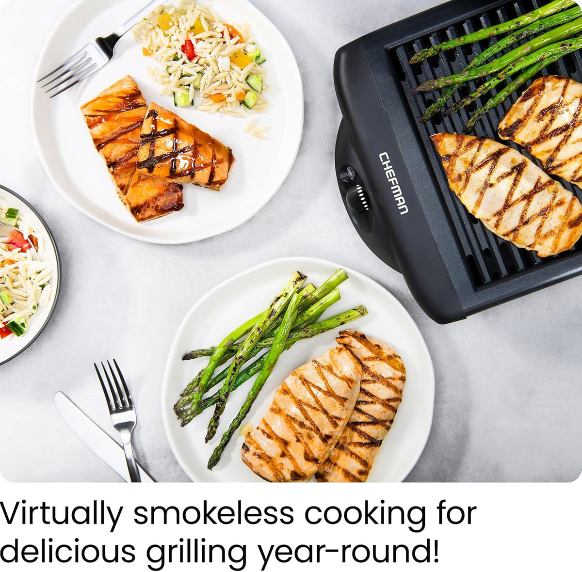 Chefman Electric Smokeless Indoor Grill w/ Non-Stick Cooking Surface & Adjustable Temperature Knob from Warm to Sear for Customized BBQing
