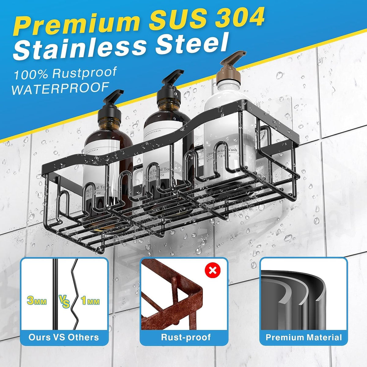 5-Pack Rustproof Stainless Steel Shower Caddy Set– No Drill Adhesive Bathroom Organizer, Space-Saving Shower Shelves for Apartment Essentials