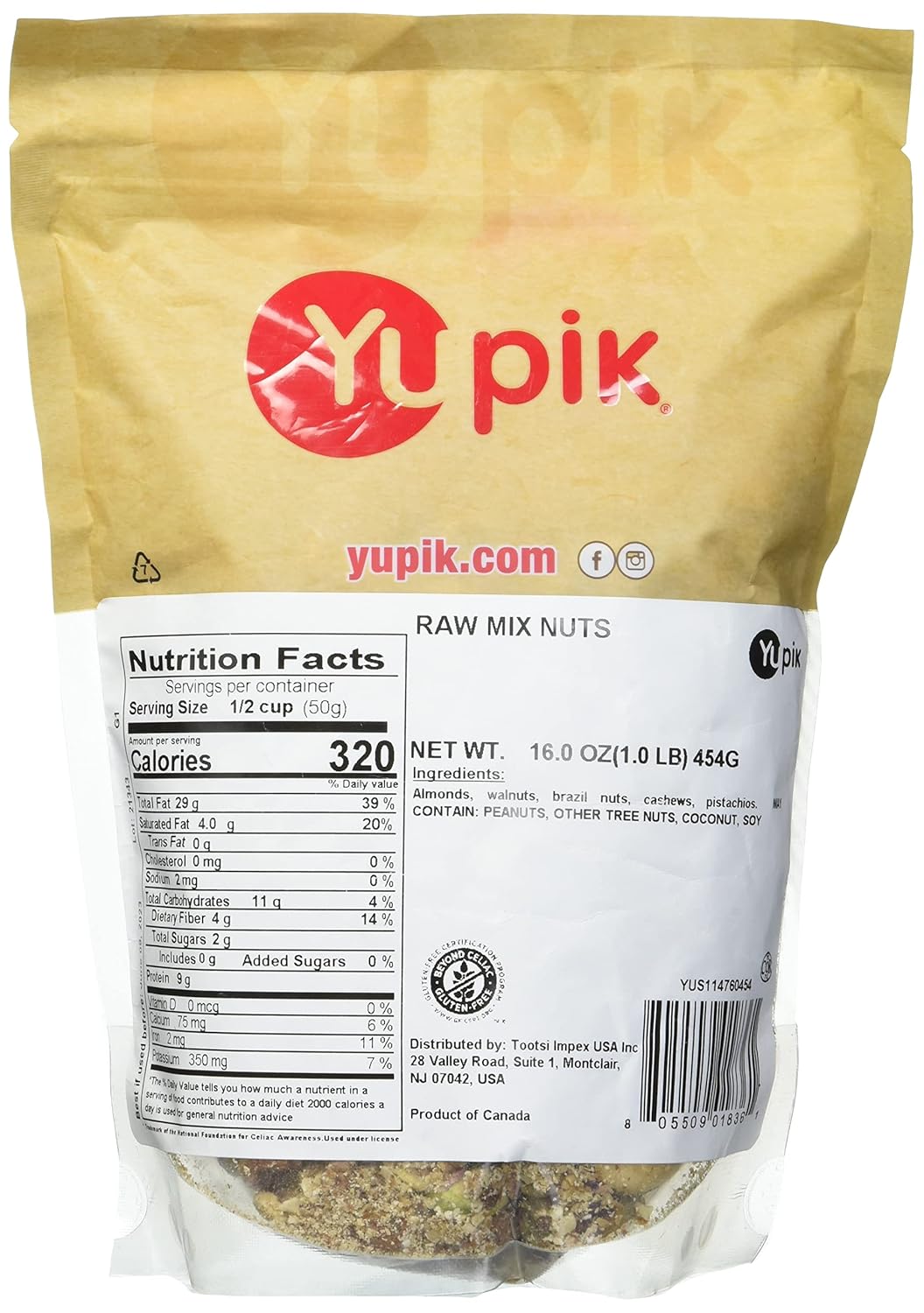 Yupik Raw Mix Nuts, 1 lb, Premium Natural Mixed Nuts with Almonds, Walnuts, Pistachios, Cashews, and Brazil Nuts, Healthy Snack,Brown, Pack of 1