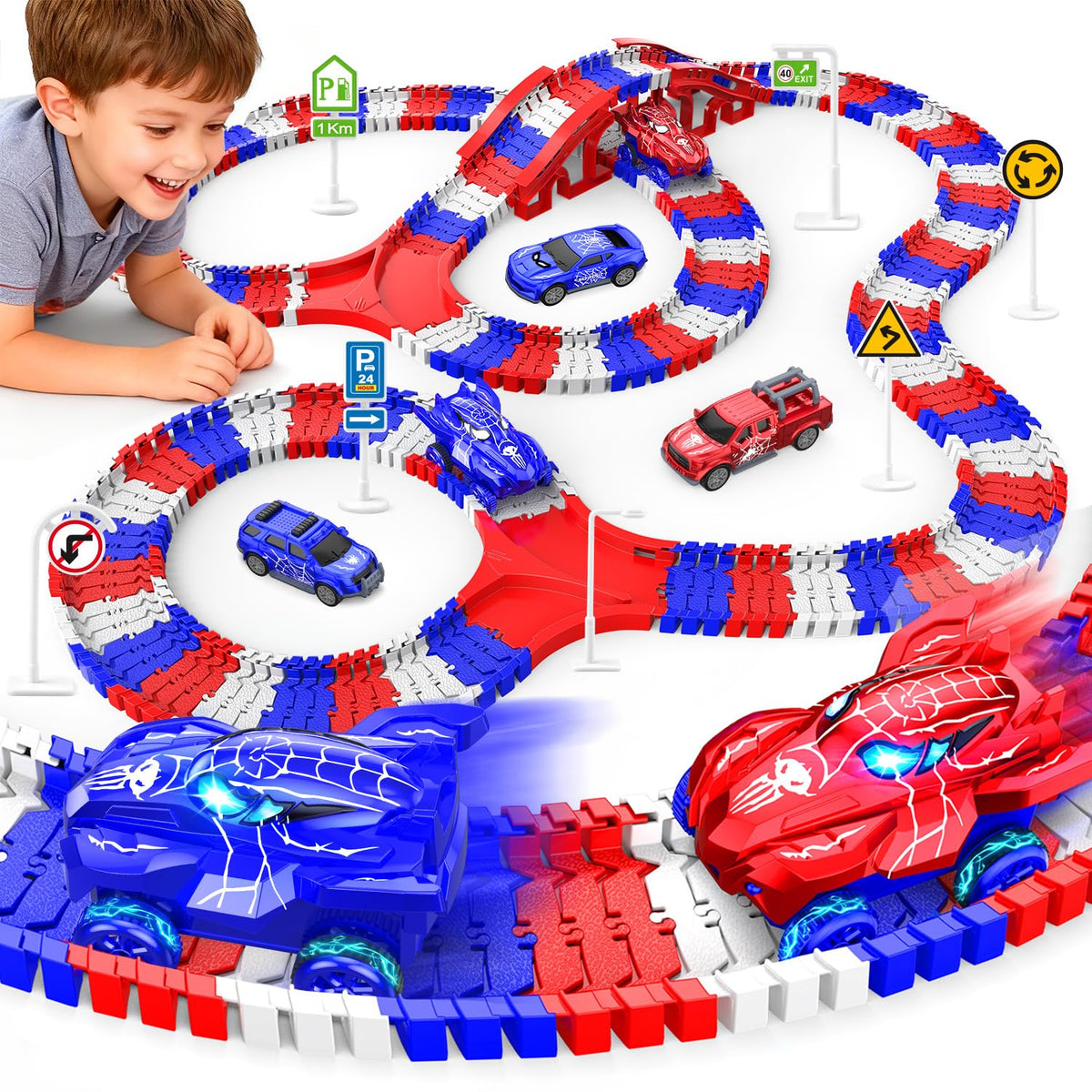 Spider Toys for Boys 4-6, Spider Race Track with 5 Cool Spider Cars Toys for Kids Boys Toddler, Flexible Car Tracks for Age 3 4 5 6 7 8 Year & Up Old