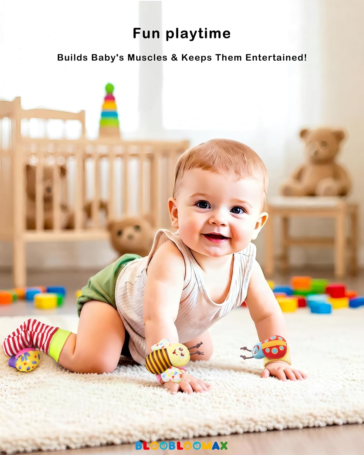 Bloobloomax Wrist Rattle Socks and Foot Finder Set, Infant Girl Boy Toys for Babies 0-36 Months, Newborn Hand & Foot Toys for 0 to 3 Years, Baby