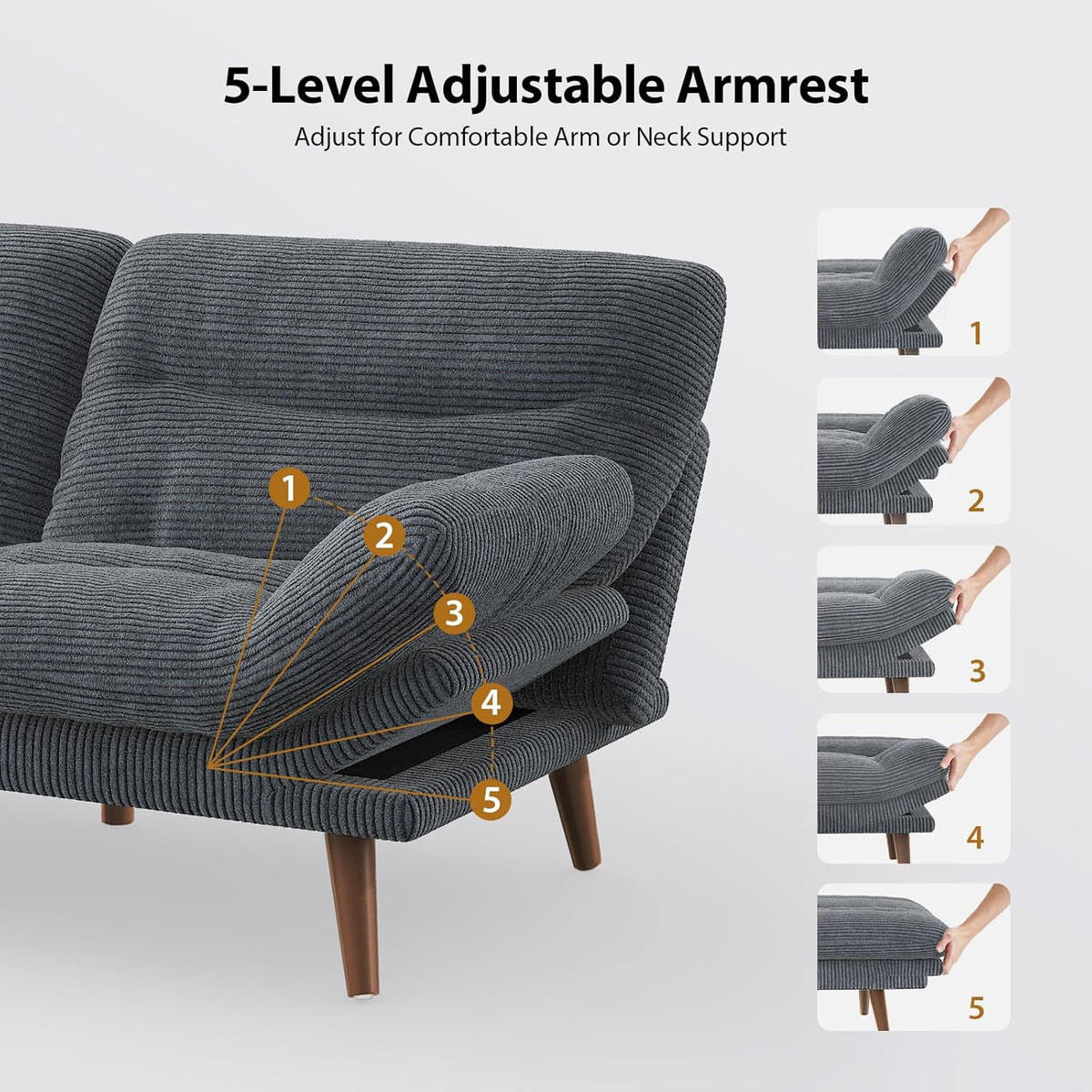 Pipishell Convertible Futon Sofa Bed,66" Corduroy Futon Couch with Adjustable Backrest and Armrests, Recliner Sleeper Sofa for Small Spaces, Play