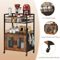 Coffee Bar Cabinet, 3 Tier Coffee Station Table on Wheels, 35.9" H Bar Cart with Wire Basket Drawer & 5 Hooks for Home Kitchen, Liquor Buffet
