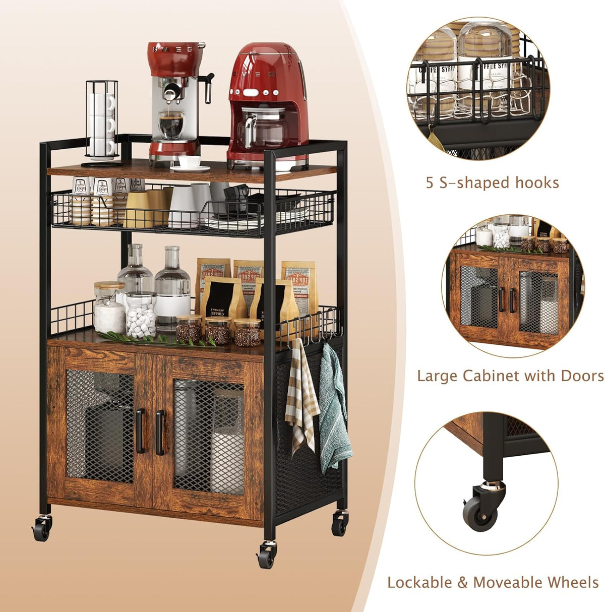 Coffee Bar Cabinet, 3 Tier Coffee Station Table on Wheels, 35.9" H Bar Cart with Wire Basket Drawer & 5 Hooks for Home Kitchen, Liquor Buffet