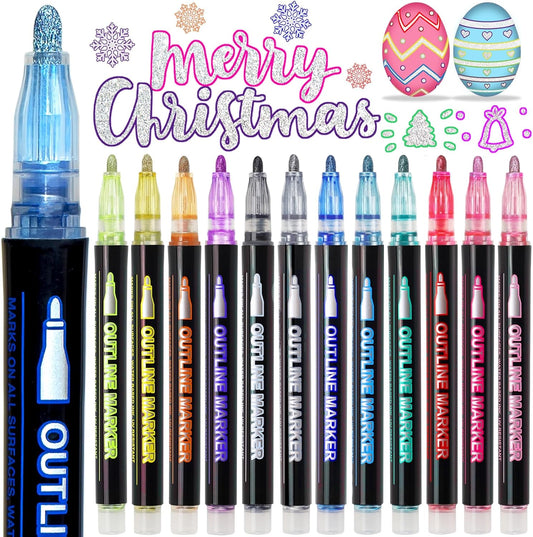 Glitter Markers Outline Pens Metallic,12 Cute Art Supplies Kids 6-8 9-12 10-12 Year Old Tween Teen Girl Gifts Trendy Stuff,Arts Crafts Kids Ages