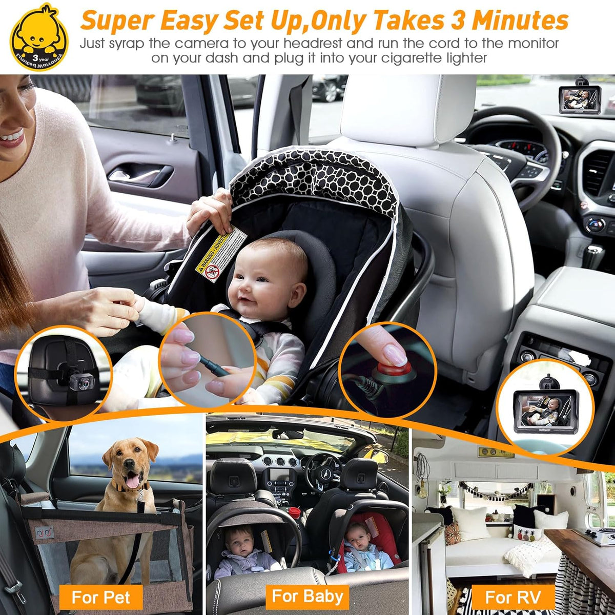 DoHonest Baby Car Camera HD 1080P - Rear-Facing Car Baby Monitor with Night Vision, Adjustable View Angle, Easy Setup, Anti-Glare Display, Safety