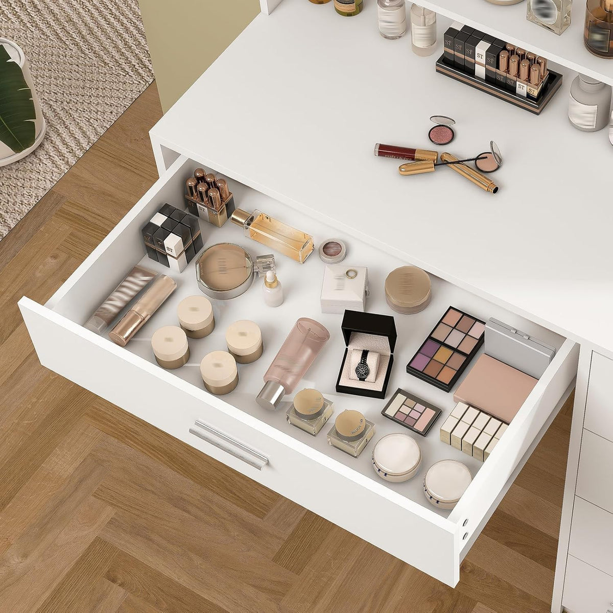 Quimoo Vanity Desk with Mirror & Lights, Makeup Vanity with 5 Drawers & Storage Shelves, White Vanity Table, 3 Color Modes & Adjustable Brightness