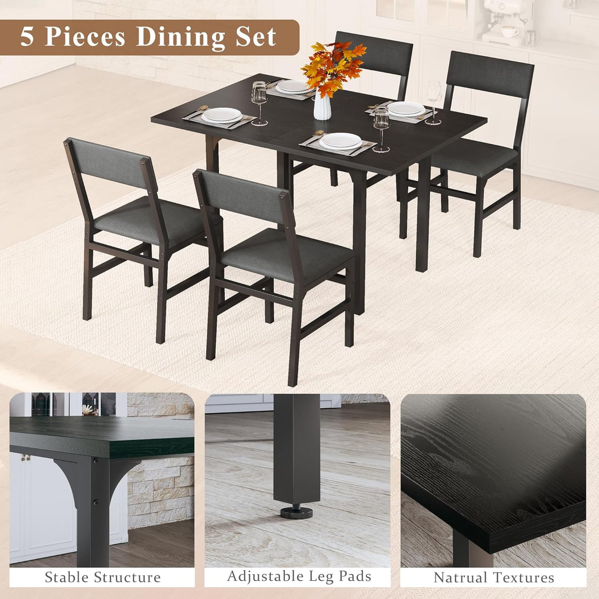 Dining Table Set for 4, Extendable Kitchen Table Cushion Chairs Set of 4, Rectangle Dining Table with Metal Frame & MDF Board, Folding for Small