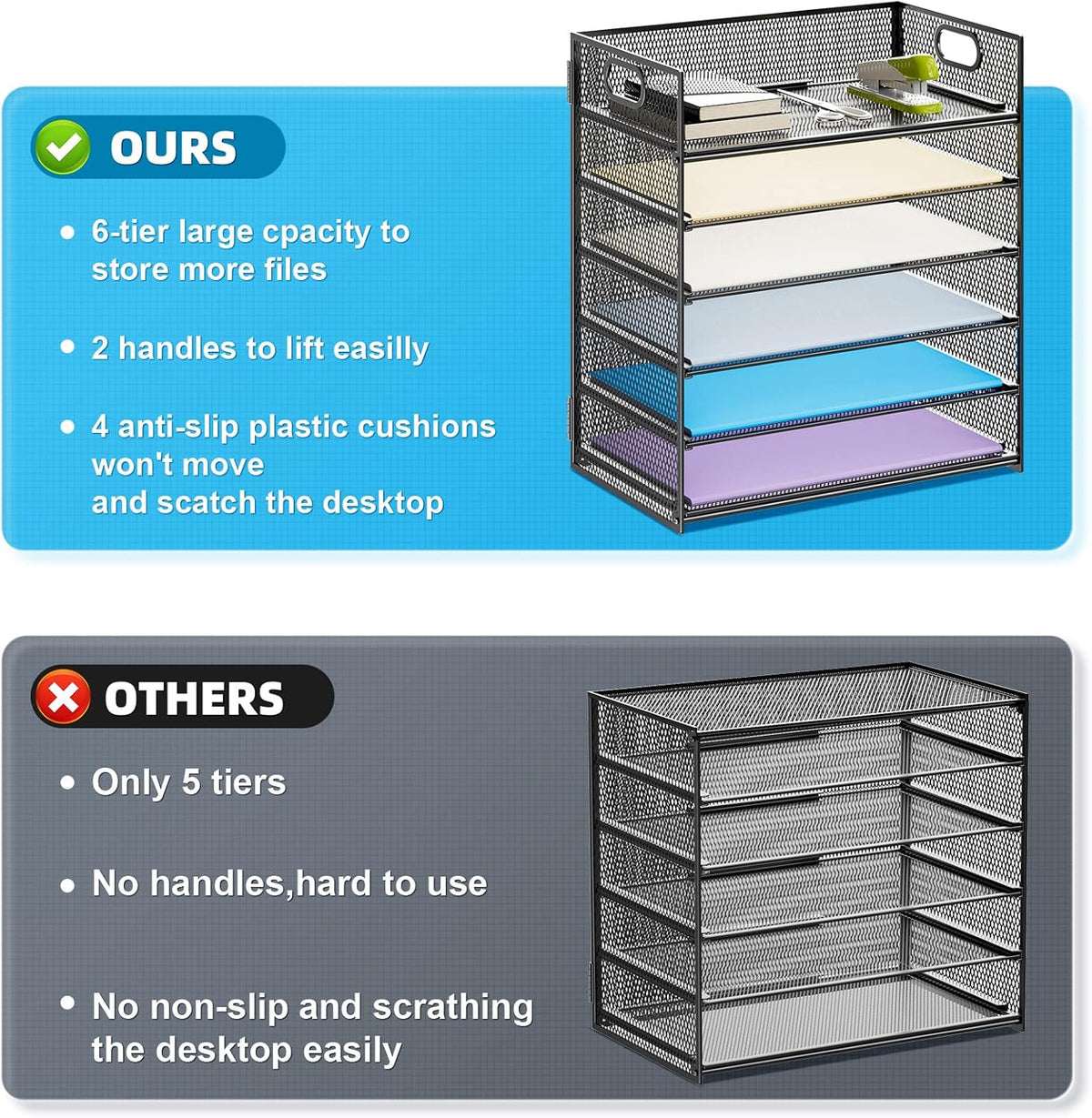 Marbrasse 6 Tier Paper Organizer Letter Tray - Mesh Desk File Organizer with Handle, Paper Sorter Organizer for Letter/A4 Office File Folder Holder