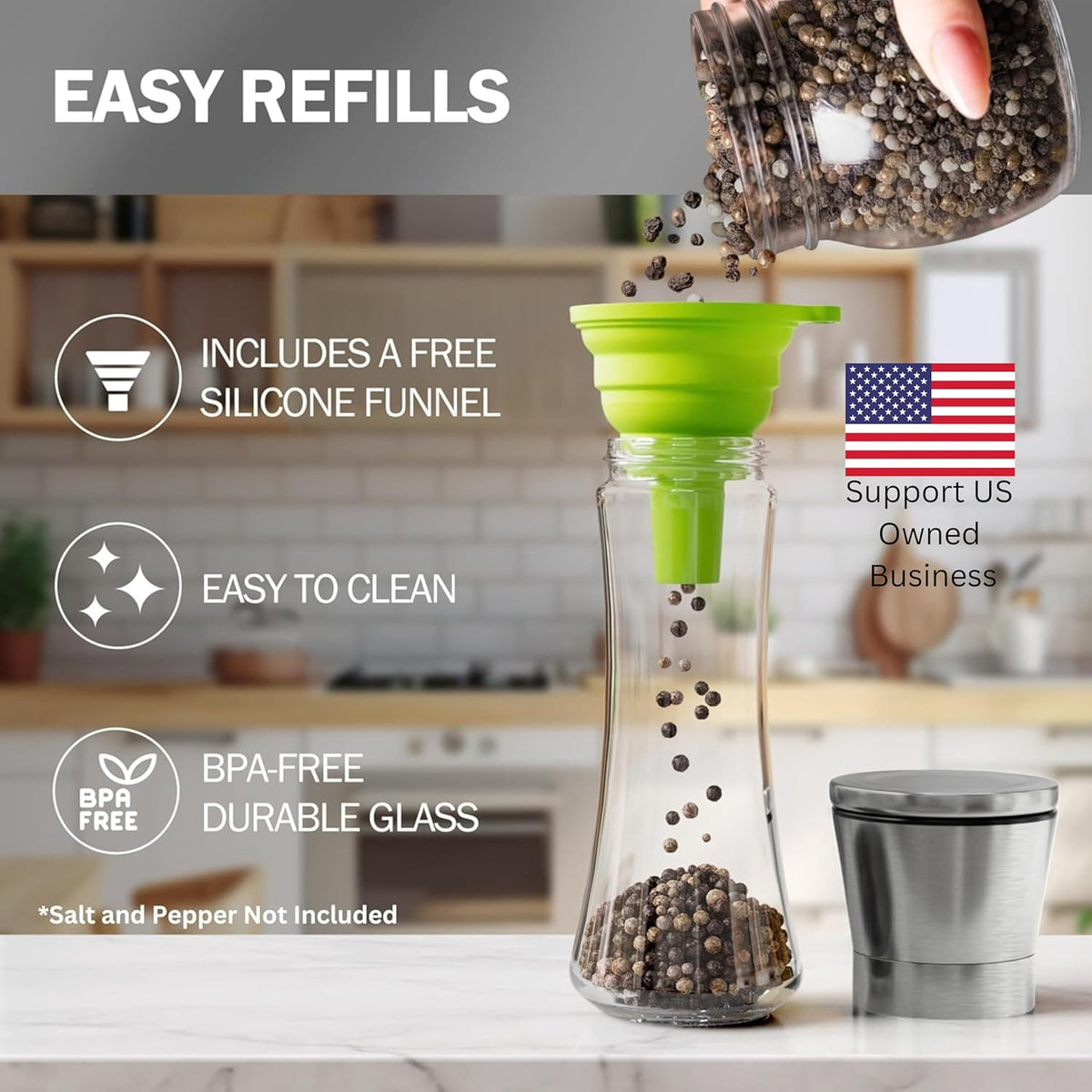 Home EC Premium Stainless Steel Sea Salt and Pepper Grinder Set of 2 - Adjustable Ceramic - Tall Glass Salt and Pepper Shakers - Kitchen Spice Mill