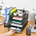 Marbrasse Desk Organizer with File Holder, 5-Tier Paper Letter Tray Organizer with Drawer and 2 Pen Holder, Mesh Desktop Organizer and Storage with