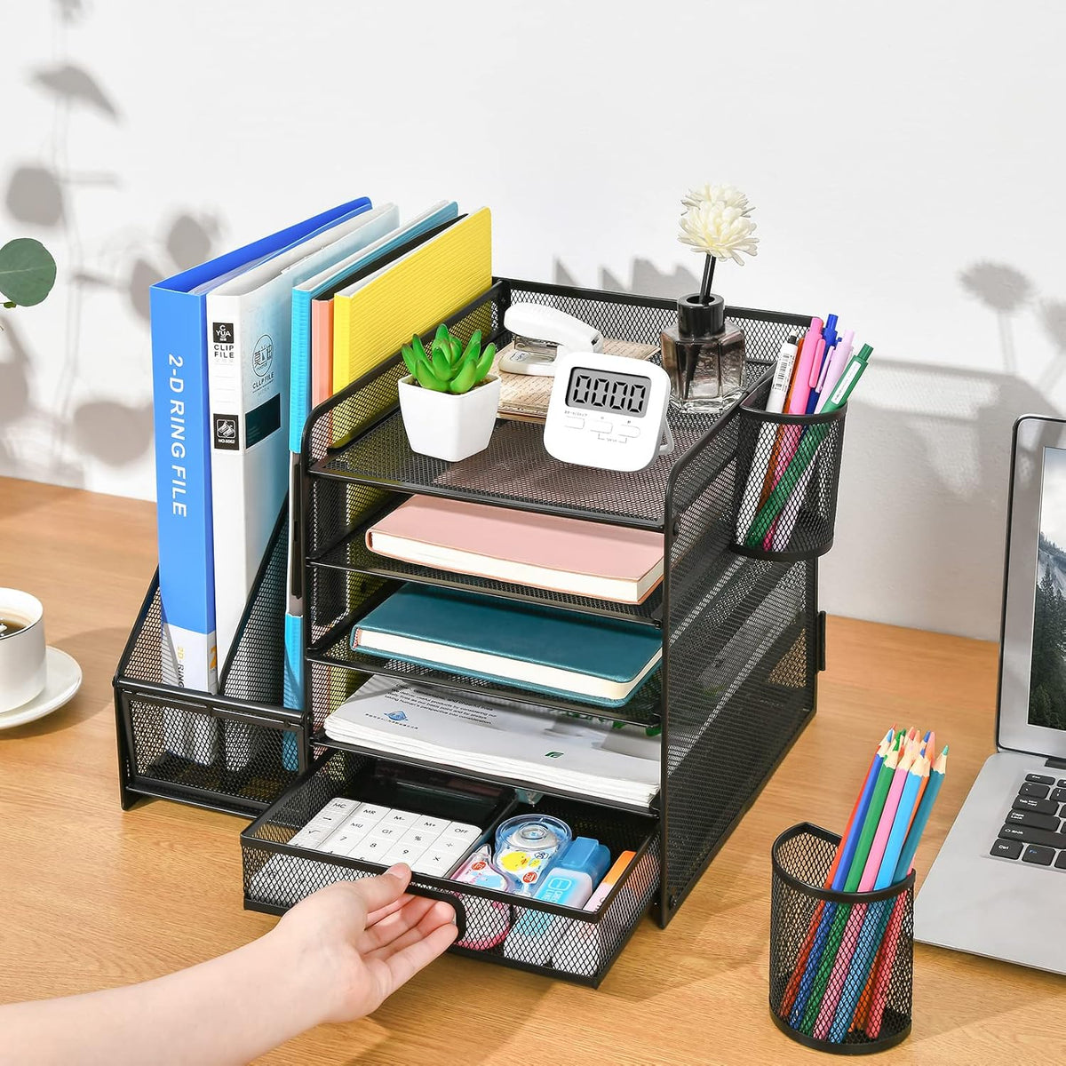 Marbrasse Desk Organizer with File Holder, 5-Tier Paper Letter Tray Organizer with Drawer and 2 Pen Holder, Mesh Desktop Organizer and Storage with
