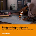 Fiskars 45mm Rotary Cutter for Fabric, Premium Steel Stick Fabric Cutter Cuts Through Multiple Layers, Right and Left Handed, Easy and Safe Blade