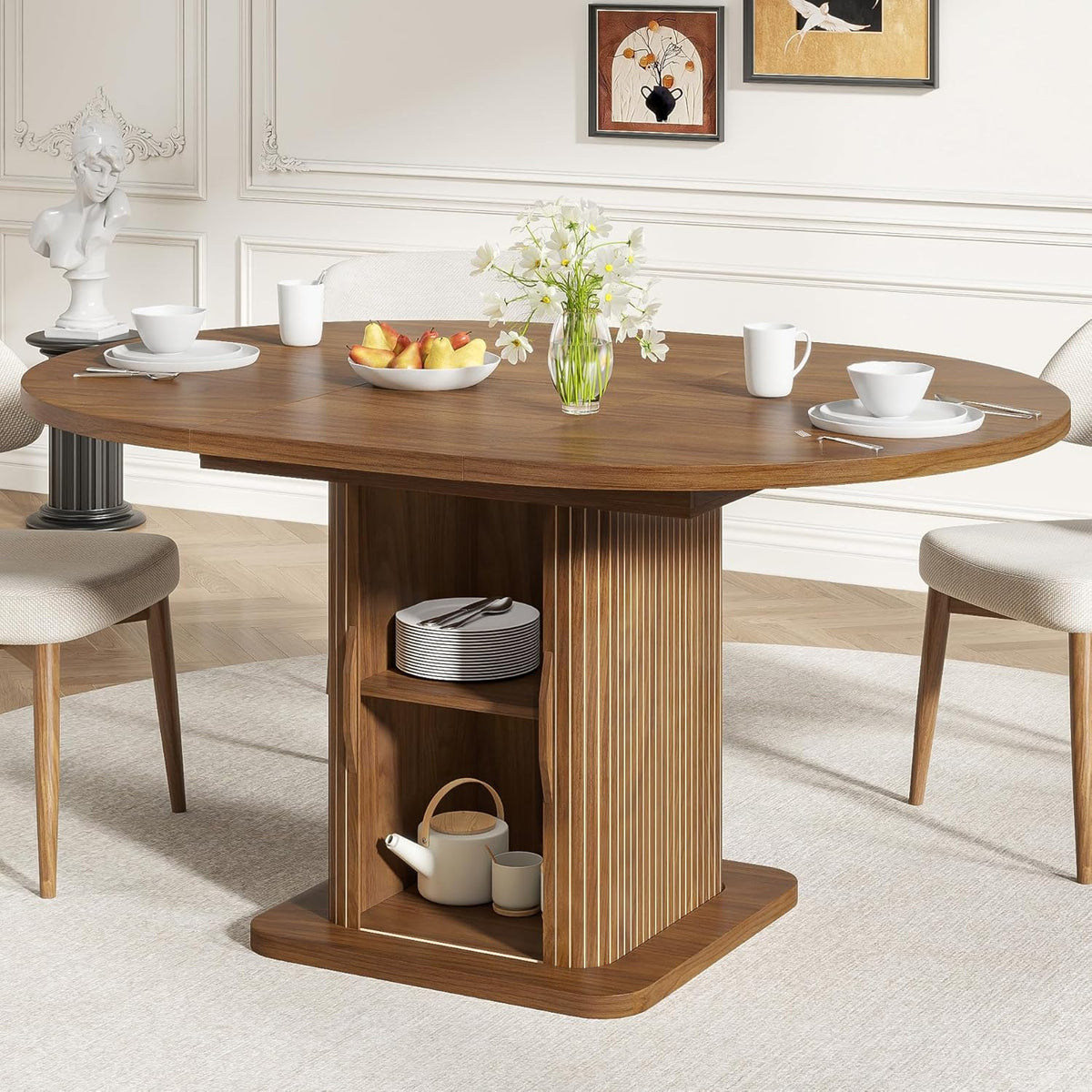 Extendable Round Dining Table for 4-6-8, 59 Inch Dining Room Kitchen Table with Storage, Fluted Wood Slide Door, Modern Oval Circle Dinner Furniture
