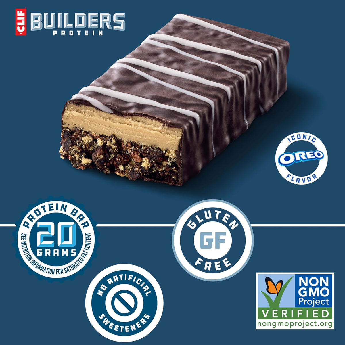 CLIF BUILDERS Protein Bars - OREO-Flavored - 20g Plant Based Protein - Gluten Free - Non-GMO - Low Glycemic - No Artificial Sweeteners - 2.4 oz. (12