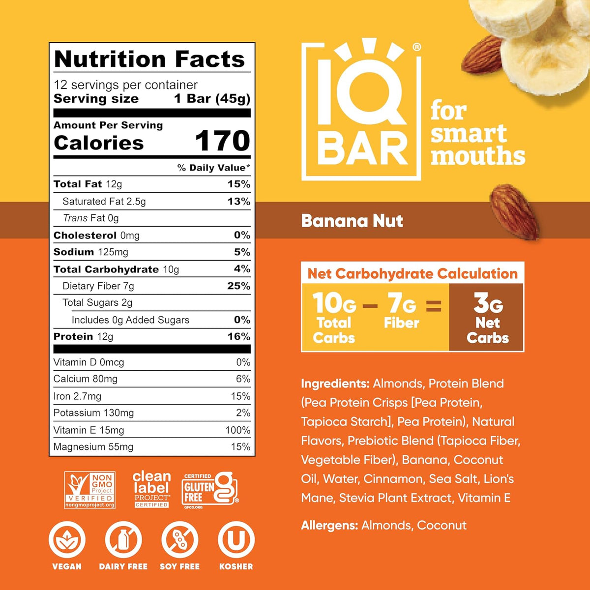IQBAR Clean Plant Protein Bars - Banana Nut - 12 Count - Keto, Vegan, High Fiber, Gluten and Dairy Free, Low Sugar Snack - Brain and Body Nutrients
