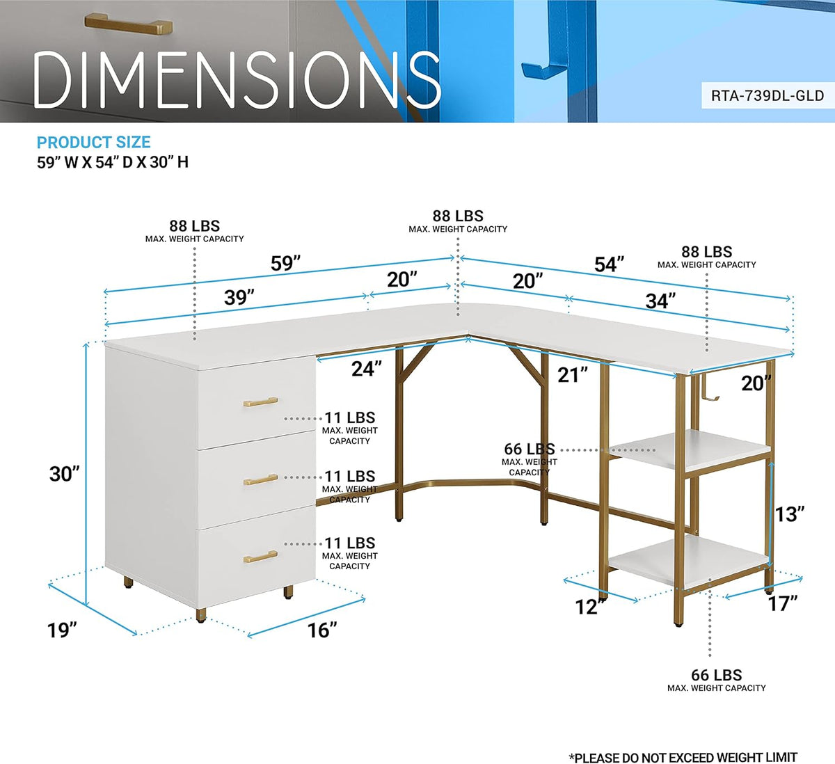 Techni Mobili L Shaped Desk - Two-Toned Computer Desk with Drawers & Storage Shelves - Simple Modern Furniture & Home Office Space Corner Table for