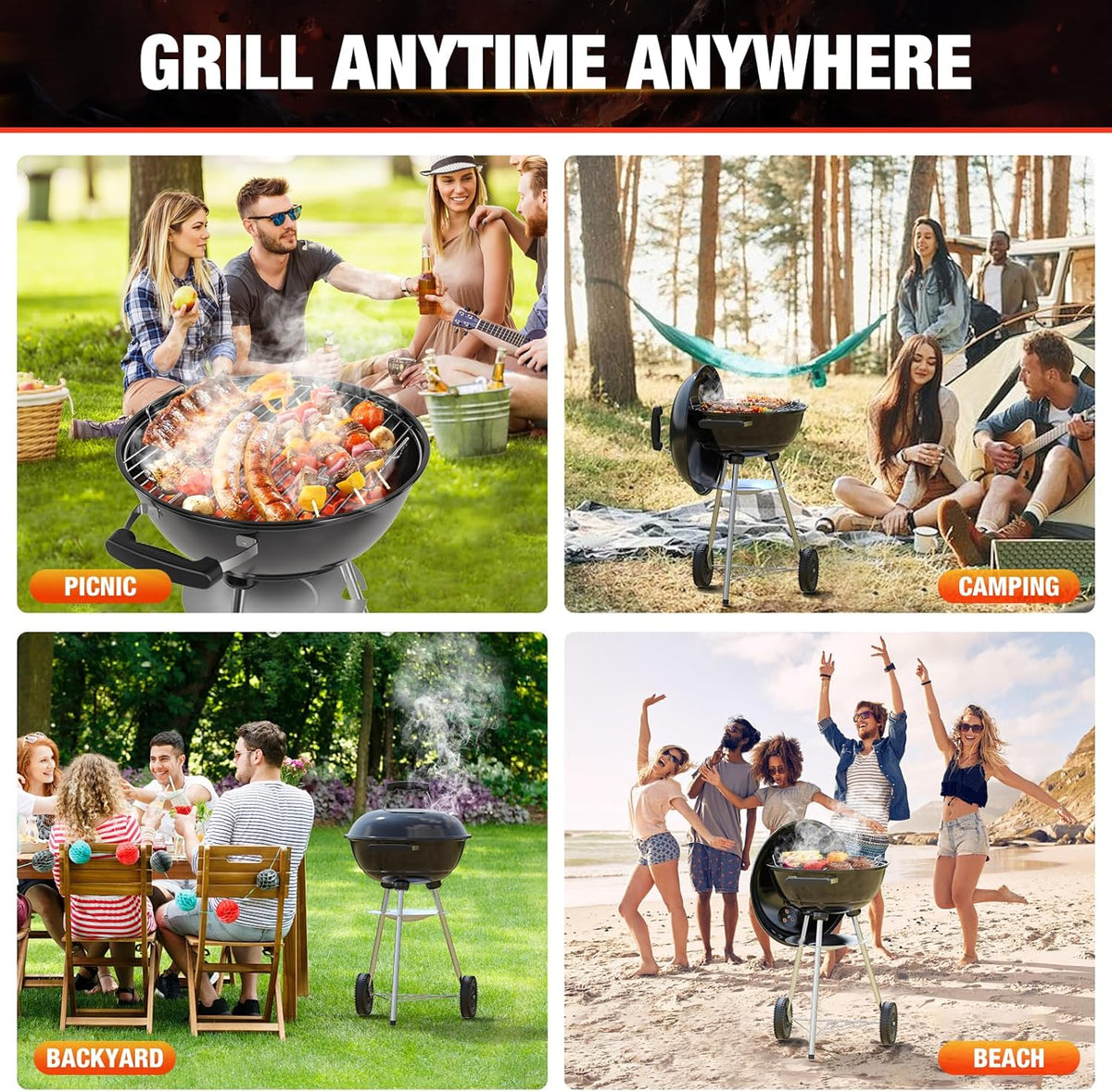 18 inch Charcoal Grill, Portable Kettle BBQ Grills, Perfect BBQ Gift, Durable & Easy to Assemble, Round Barbecue Grill with Wheels and Lid for