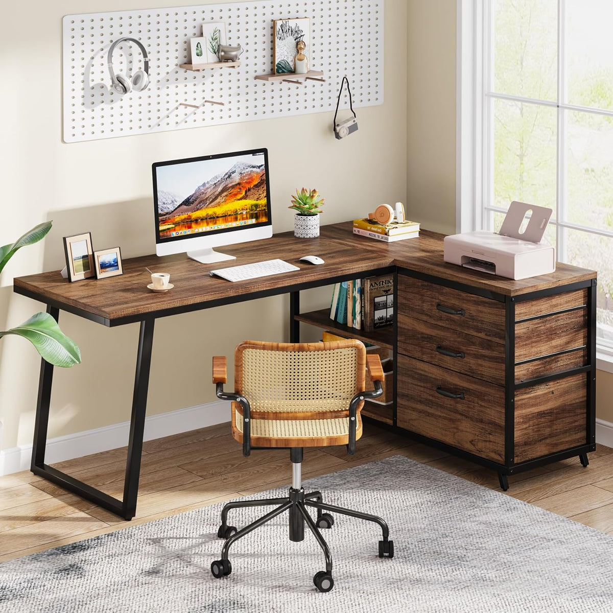 Tribesigns L-Shaped Computer Desk with 3 Drawers, Reversible Corner Home Office Desk with Shelves, 53-Inch Industrial PC Desk Study Writing Table