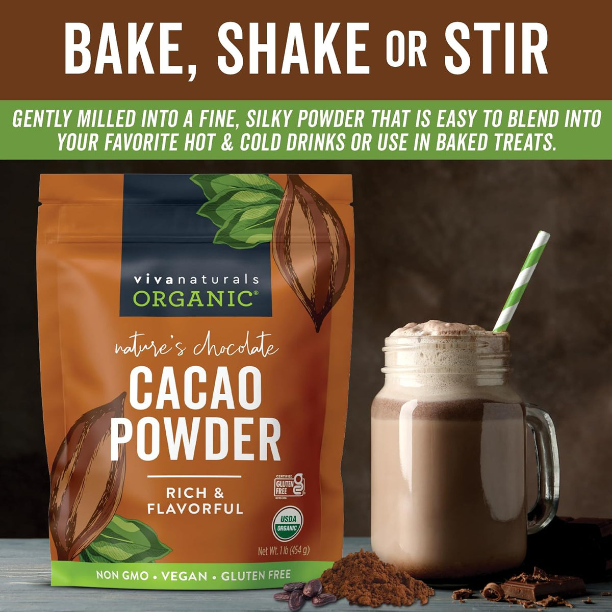 Organic Cacao Powder, Unsweetened, 1 lb (454 g) – Rich Dark Chocolate Flavor, Perfect for Baking, Smoothies & Hot Chocolate – Vegan, Keto, Paleo