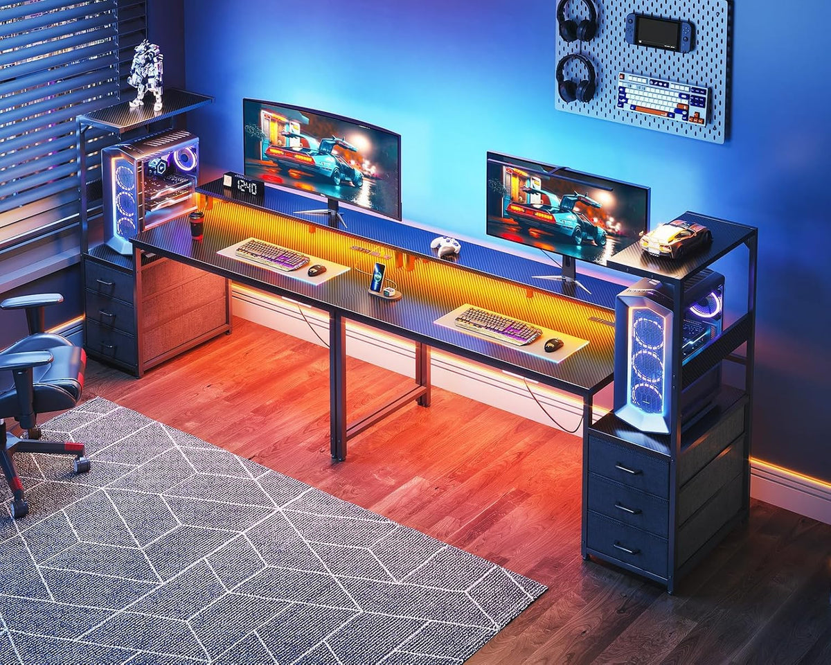 AODK 59 Inch Gaming Desk with USB Charging Ports & LED Light- Reversible Computer Desk with Storage Shelves & Monitor Stand, Modern Gamer Desk Table