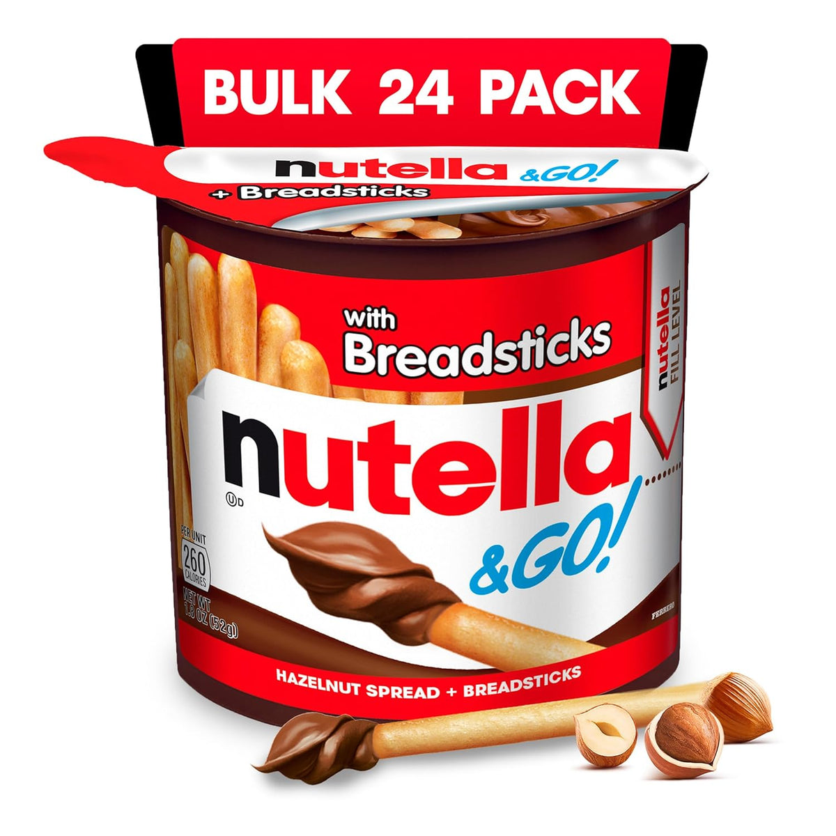 Nutella & GO! Chocolate Hazelnut Spread with Cocoa + Breadsticks, 24 Bulk Snack Packs, 1.8 oz Each