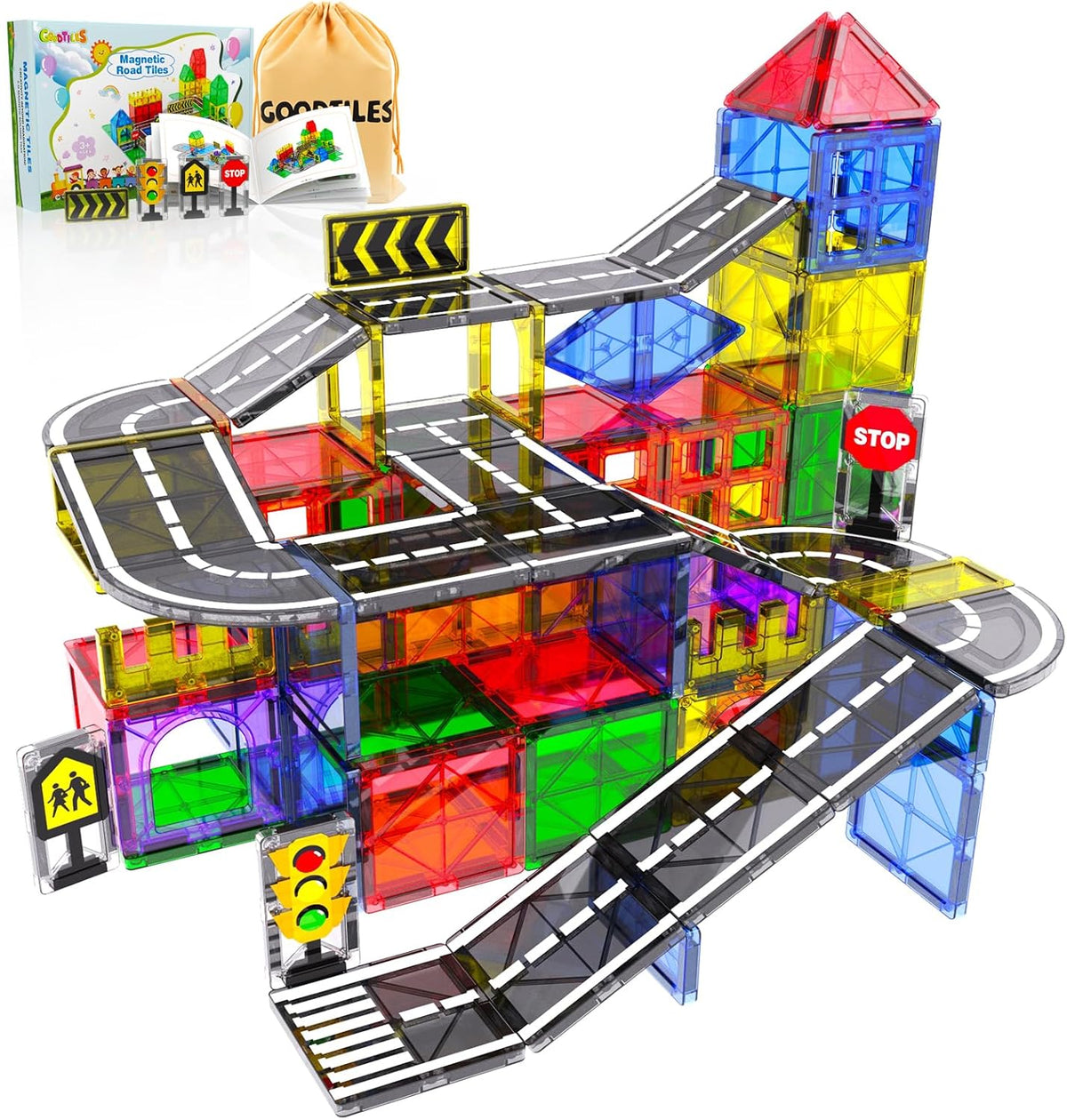 Magnetic Tiles - Road Set, Magnetic Building Blocks, Preschool Montessori Toys Gift for 3+ Year Old Boys and Girls, Sensory Christmas Toys for Kids