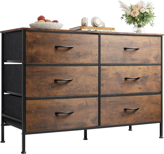 WLIVE Dresser for Bedroom with 6 Drawers, Wide Fabric Dresser TV Stand for 50 Inches TV, with Metal Frame, Wooden Top, Fabric Storage Dressers