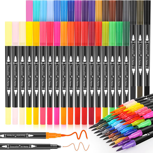 Soucolor Art Brush Markers Pens for Adult Coloring Books, 36 Colors Numbered Dual Tip (Brush and Fine Point) Marker Pen for Kids Note taking Planner