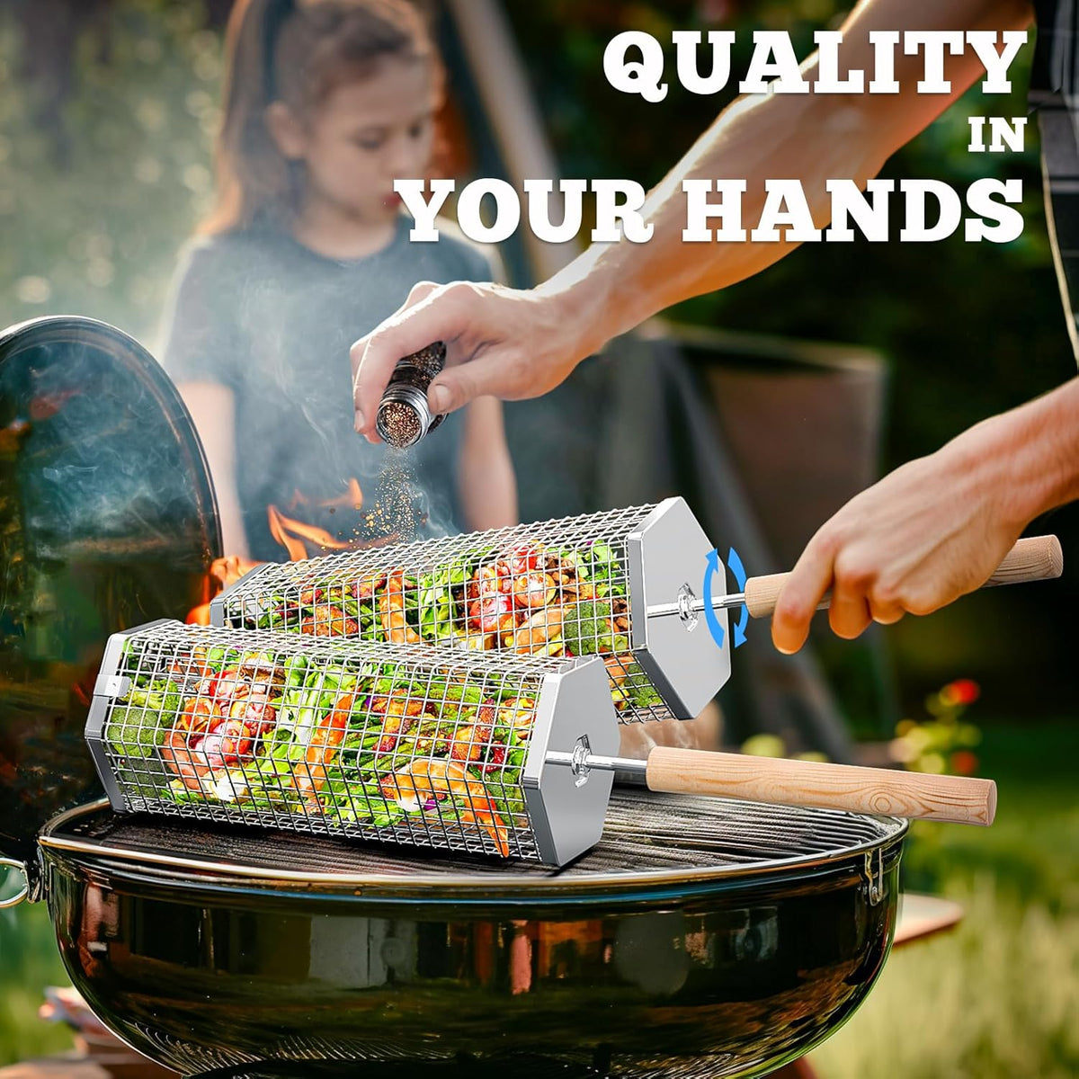 Rolling Grill Basket, Removable Wooden Handle, 304 Stainless Steel, Nesting Grilling Tools, Smoker BBQ Accessories for Vegetable, Outdoor Cooking