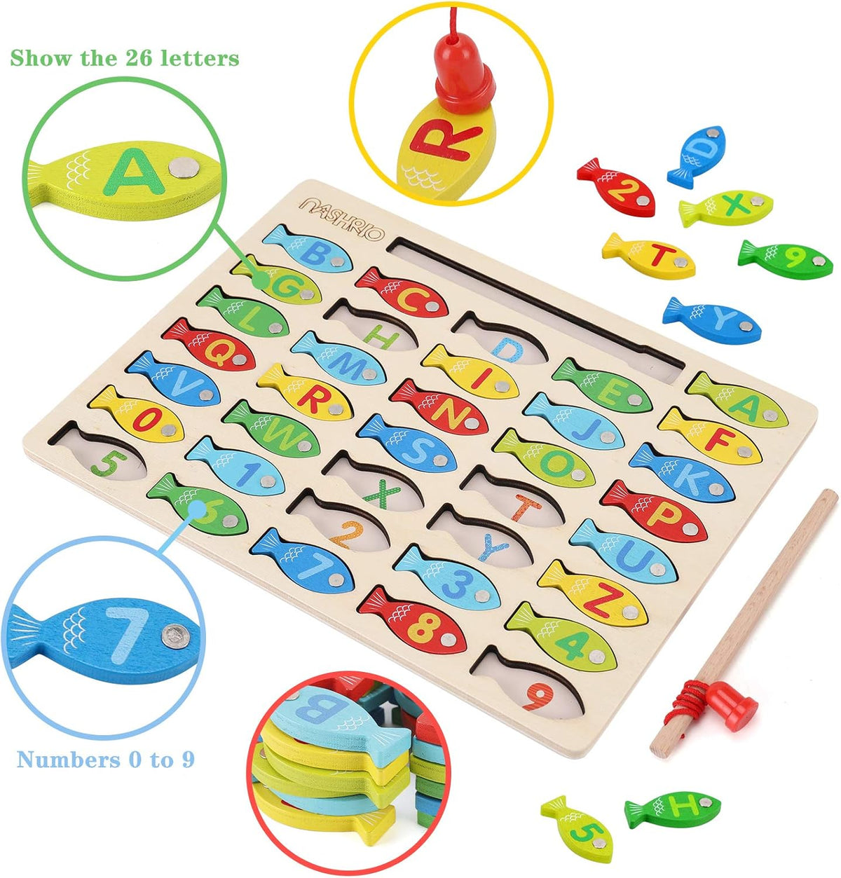 Magnetic Wooden Fishing Game Toy for Toddlers, Alphabet Fish Catching Counting Games Puzzle with Numbers and Letters, Preschool Learning ABC Math