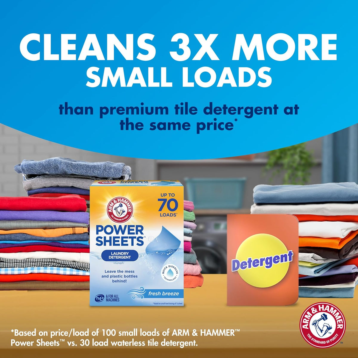 ARM & HAMMER Power Sheets Laundry Detergent, Fresh Breeze Scent, Dissolves in All Wash Temps, Lightweight and Travel-Ready, 60ct, Up to 120 Small