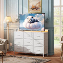 WLIVE White TV Stand for 45, 50, 55 inch TV, Entertainment Center with LED Lights & Charging Station, TV Media Console Table with 9 Fabric Drawers