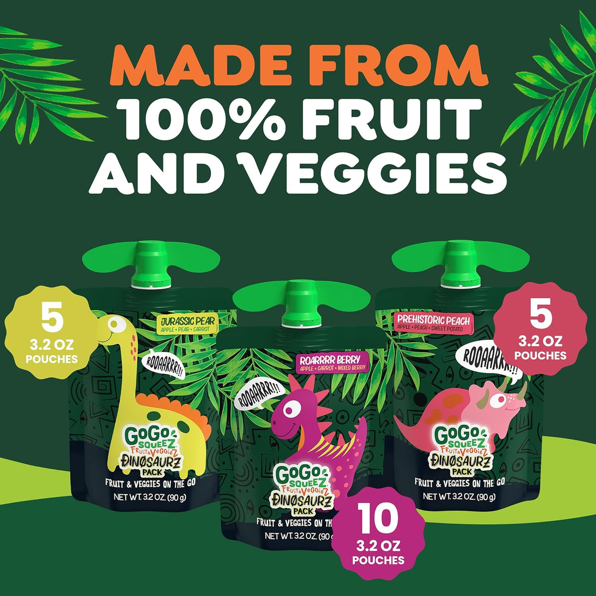 GoGo squeeZ Fruit & veggieZ Applesauce and Puree Variety Pack, Jurassic Pear, Roarrrr Berry & Prehistoric Peach, 3.2 oz (Pack of 20), Unsweetened