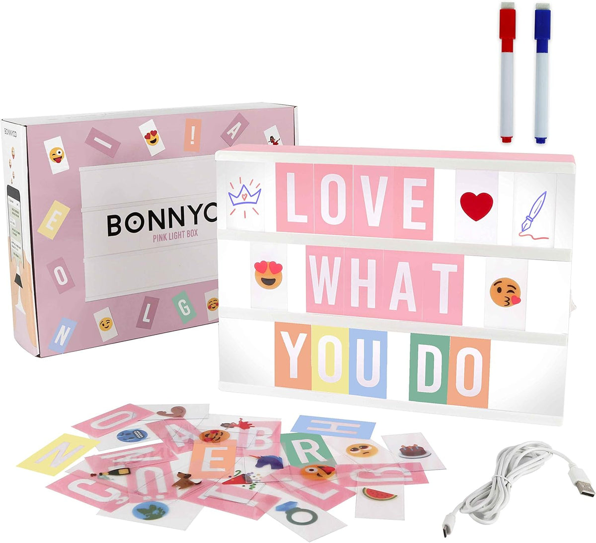 BONNYCO Pink Cinema Light Box with 400 Letters, Emojis, 2 Markers. Led Light Box Home Office and Room Decor, Cinema Led Sign Letters Board. Gifts
