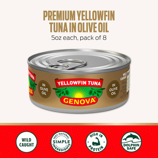 Genova Premium Yellowfin Tuna in Olive Oil, 5 Ounce Cans, 8-Pack – Nutrient Rich, High Protein Canned Tuna Fish - Delicious, Easy, Nutritious Ready