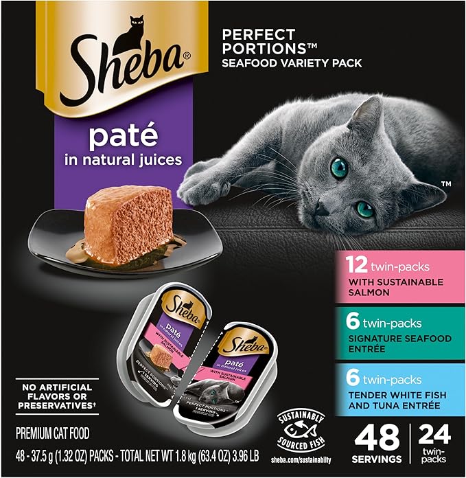 Sheba Perfect Portions Wet Cat Food Pate with Sustainable Salmon, Signature Seafood Entree, and Tender White Fish and Tuna Entree Variety Pack, 2.6