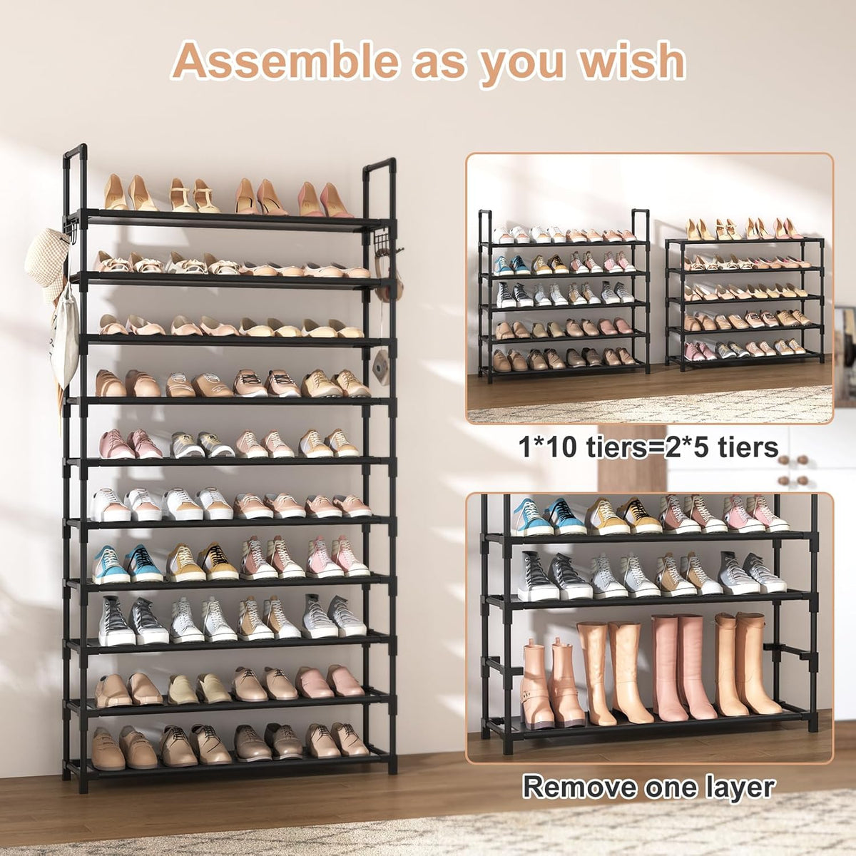 10-Tier Shoe Rack for Closet & Entryway – 50 Pair Large Capacity Shoe Organizer with Hooks & Anti-Fall Rails – Metal Frame Storage Shelf for Bedroom