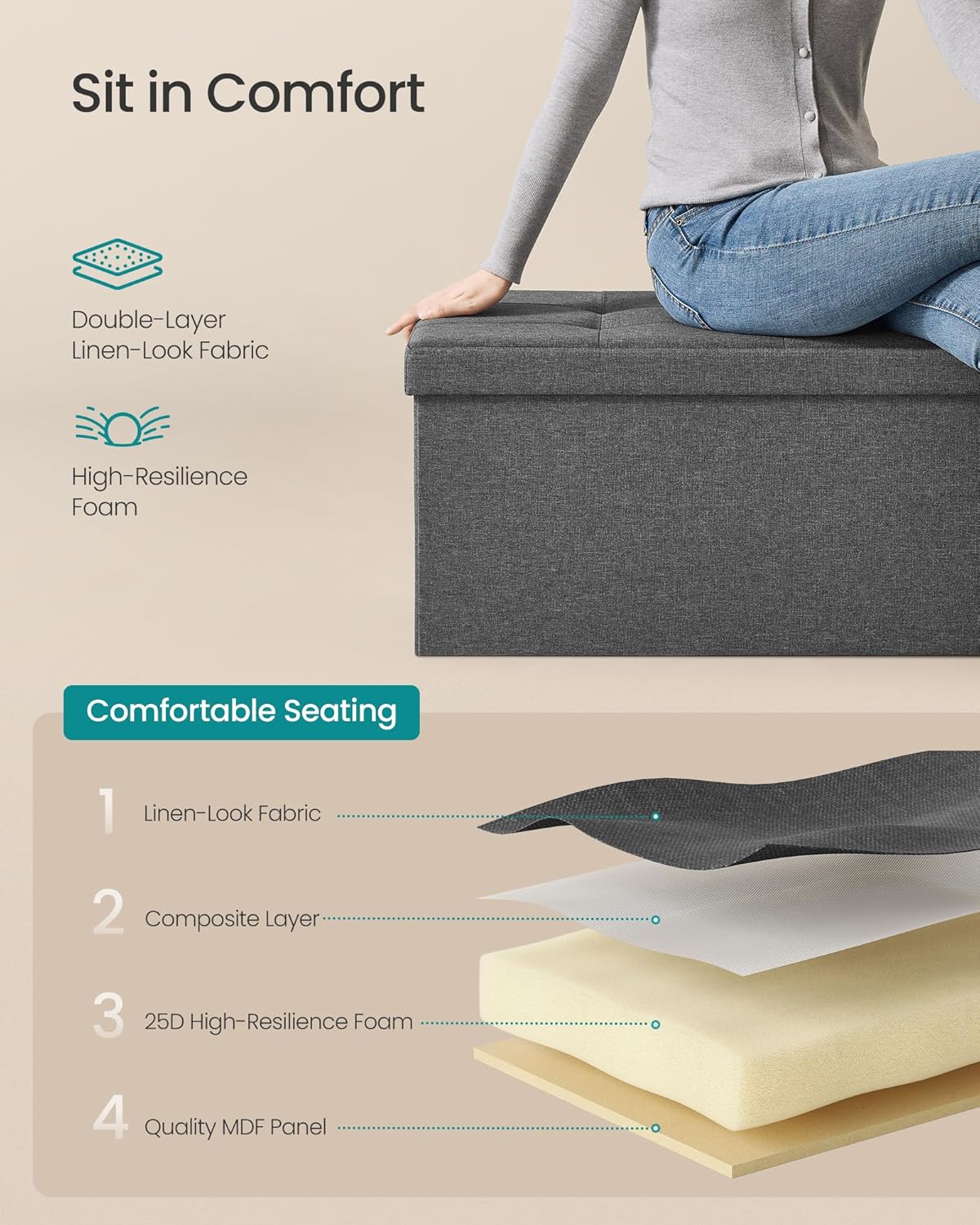 SONGMICS MAZIE Collection - 43 Inches Folding Storage Ottoman Bench, Ottoman Foot Rest, End of Bed Bench, Storage Chest, Load 660 lb, for Living