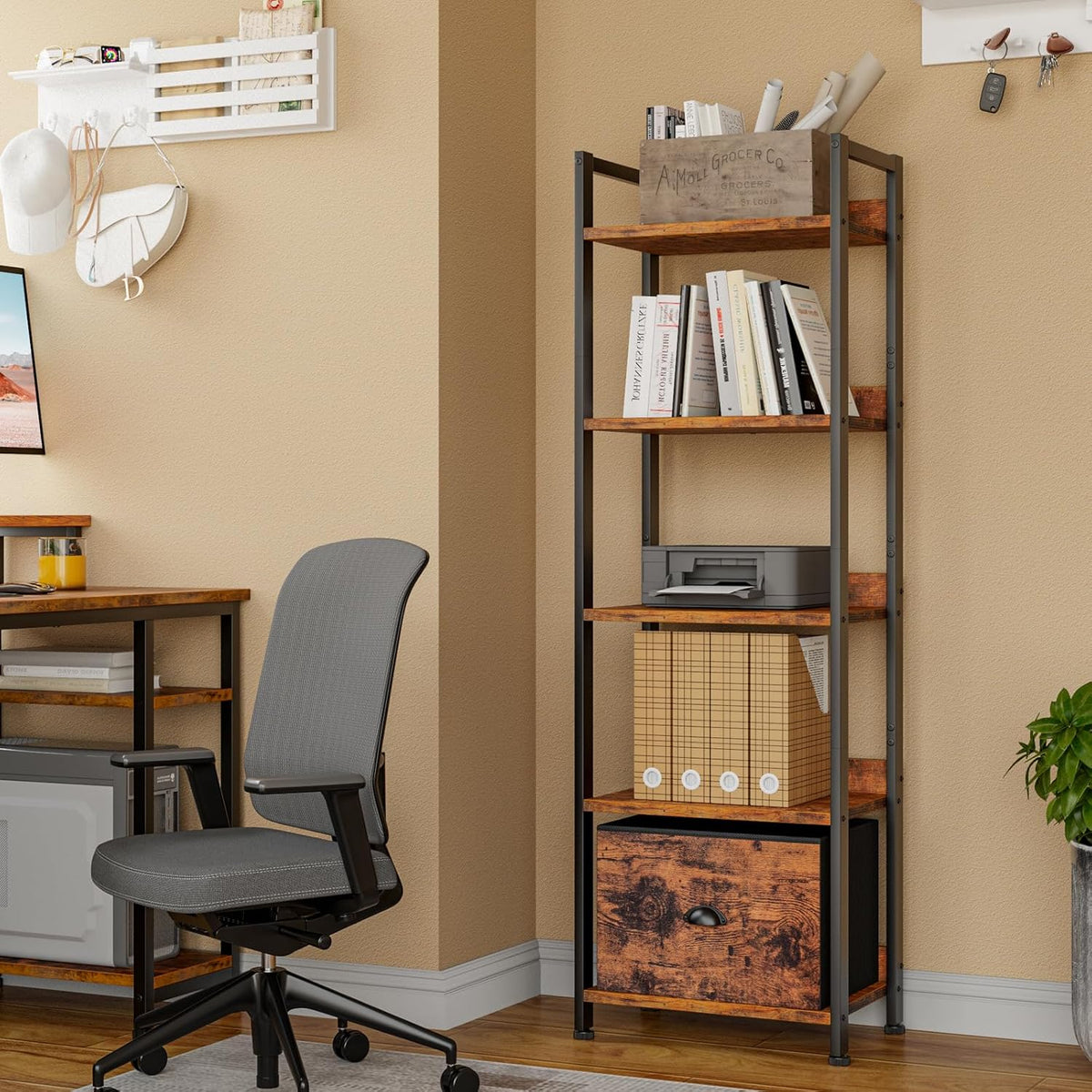 Furologee 5 Tier Bookshelf with Drawer, Tall Narrow Bookcase with Shelves, Wood and Metal Bookshelves Storage Organizer, Industrial Display Standing