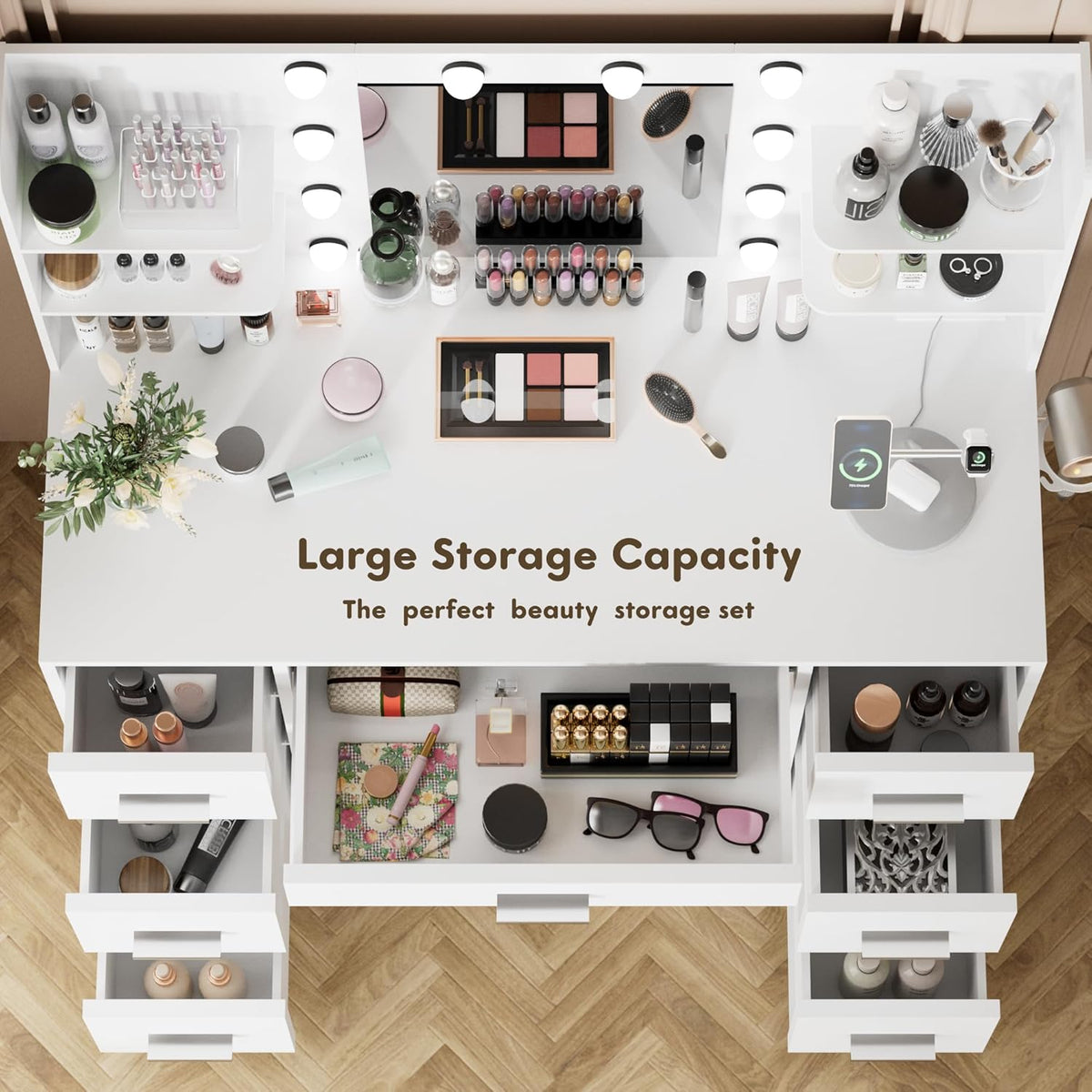 YESHOMY Vanity Desk with Mirror, Power Outlet and 10 Lights, Makeup Table with 7 Drawers, 3 Color Modes Available for Bedroom, White