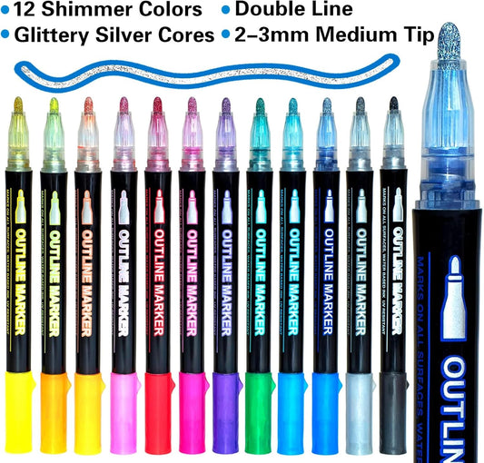 Glitter Markers Self Outline Pens Metallic: 12 Shimmer Tween Teen Girl Gifts Trendy Stuff,Drawing Art Supplies Kids 6-8 9-12 10-12,Arts Crafts Kids