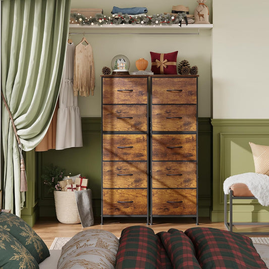 WLIVE Fabric Dresser for Bedroom, 5-Drawer Tall Dressers, Storage Organizer with Fabric Bins, Wood Top, Sturdy Steel Frame, Chest of Drawers for