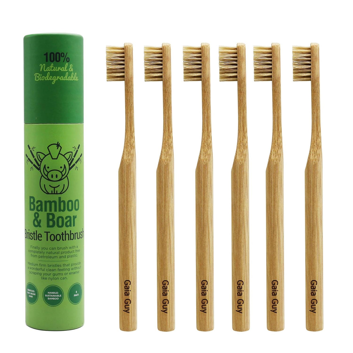 Gaia Guy Natural Bristle Bamboo Toothbrush (NO Nylon - Boar Hair ONLY) - Totally Compostable & Biodegradable Boar Bristle and Bamboo Toothbrushes