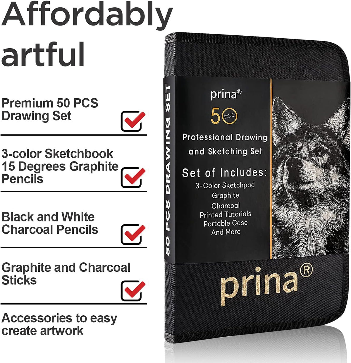 Prina 50 Pack Drawing Set Sketch Kit, Sketching Supplies with 3-Color Sketchbook, Graphite, and Charcoal Pencils, Pro Art Drawing Kit for Artists