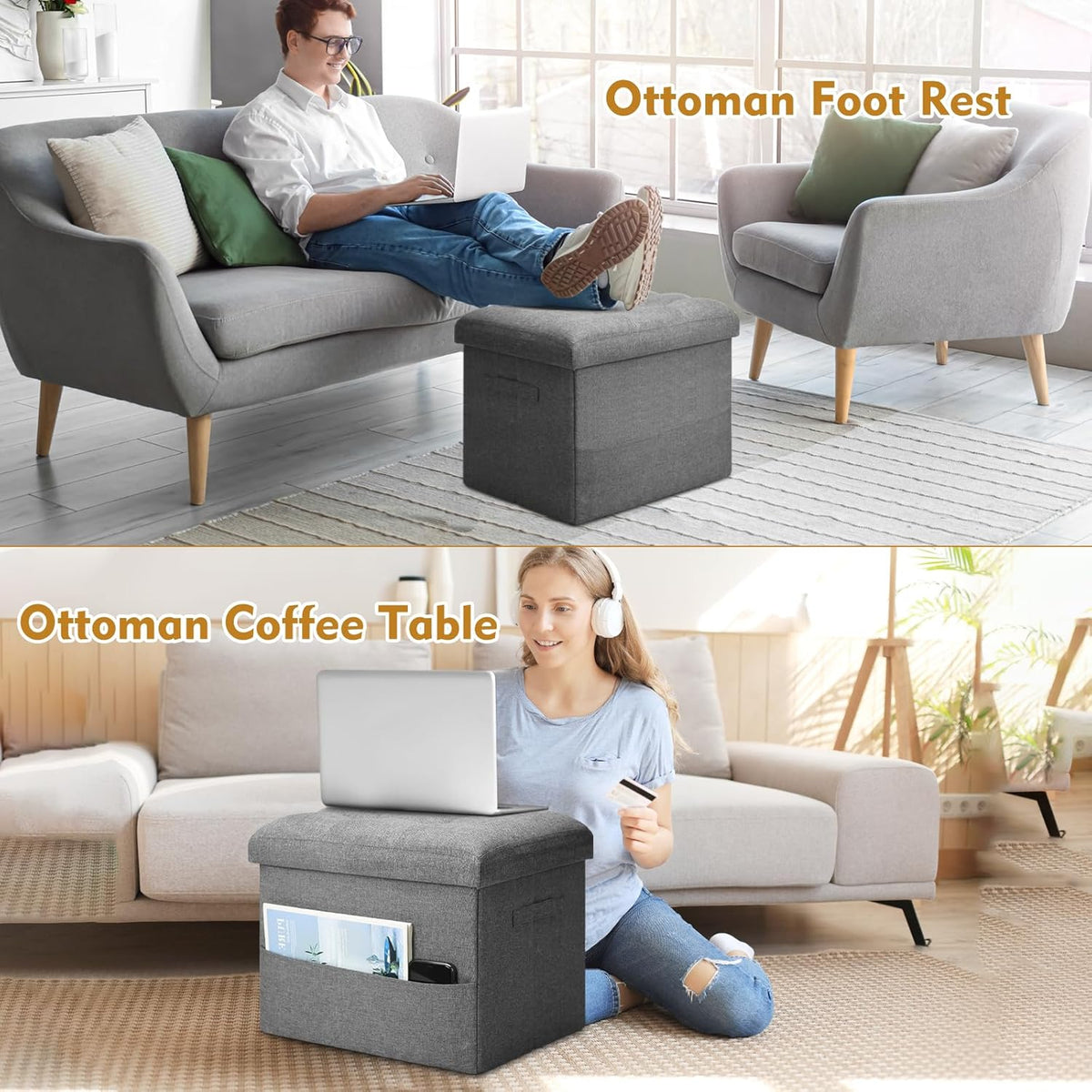 Storage Ottoman with Extra Thick Foam Padded Seat, Foldable Foot Rest Stool with Linen Fabric, 43L Ottoman with Storage Bench for Bedroom Living